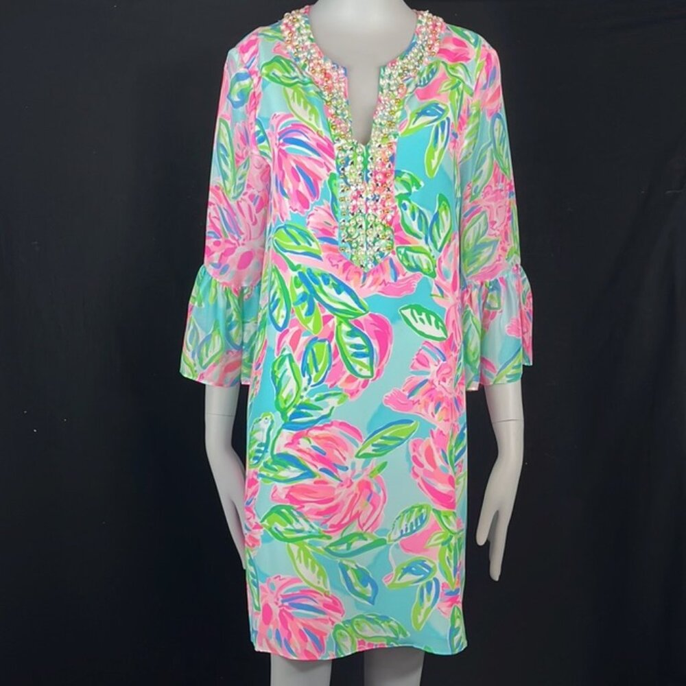Stunning Lilly Pulitzer Bell Sleeve Dress with Beaded V-Neck NWOT